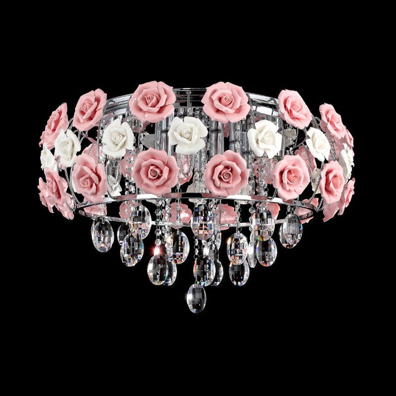 Pink Blooming Rose Ceiling Light Modern Romantic Crystal 6-Bulb Living Room Flush Mount Chandelier