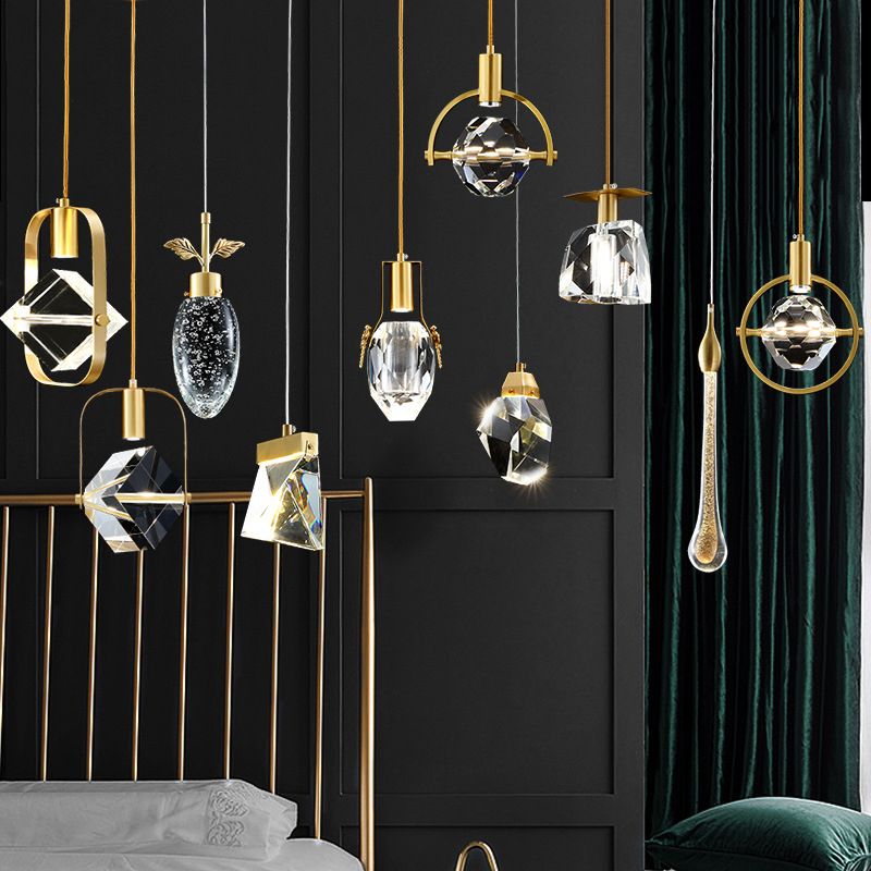 Crystal Block Mini Pendant Lighting Simplicity Brass LED Hanging Light for Bedroom
