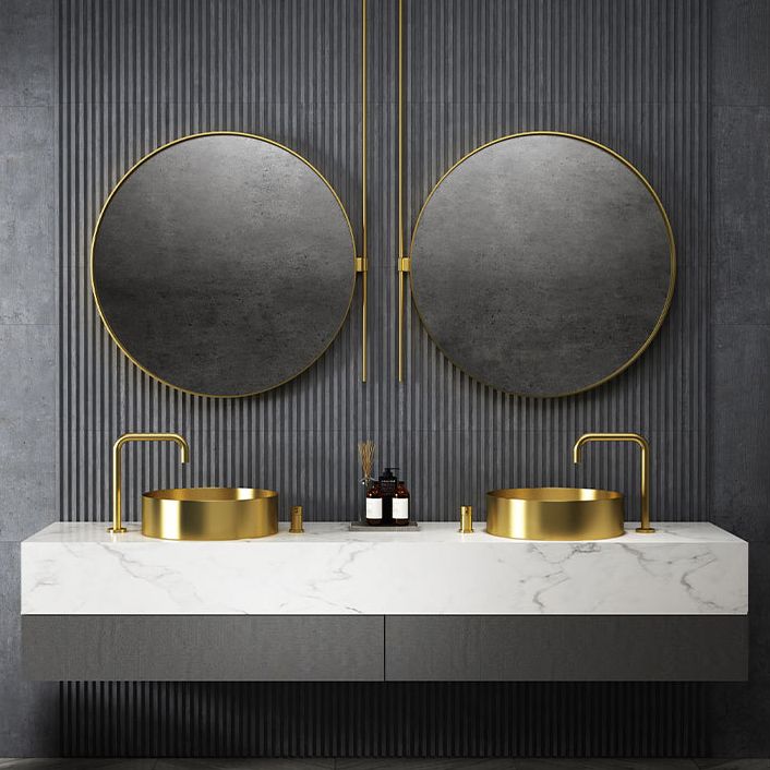 Modern Vessel Sink Round Metal with Faucet and Pop-Up Drain Vessel Lavatory Sink