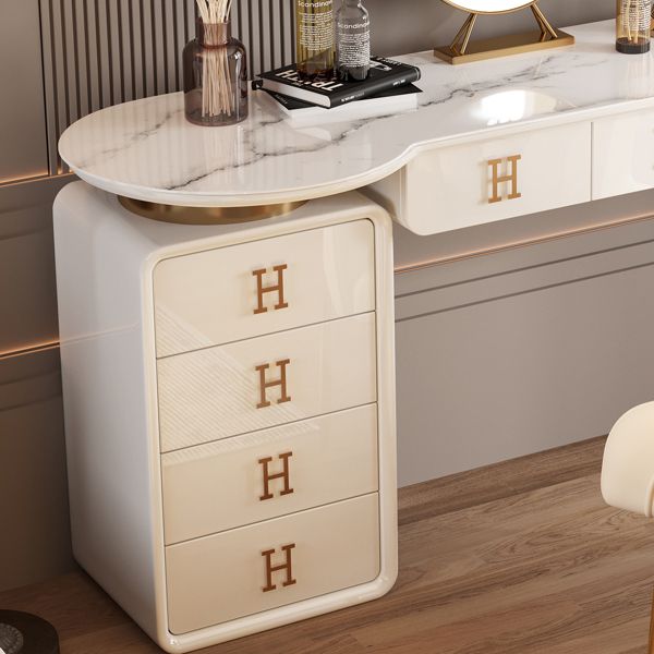 Modern Wood Vanity Table Set with Mirror and Stool Glam Slate 7 Drawers Dressing Table