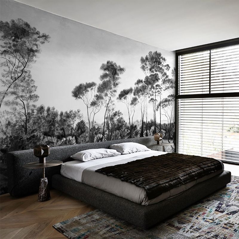 Modern Road Bush Landscape Mural Decal Black-White Stain Resistant Wall Decor for Bedroom