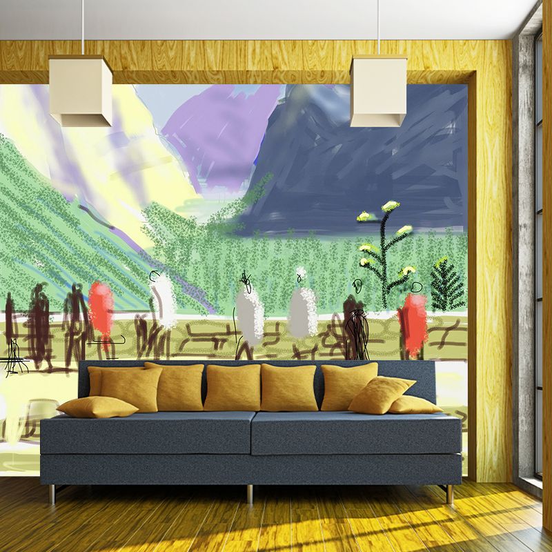 David Hockney Mountain Drawing Murals Artistic Non-Woven Wall Covering in Blue-Yellow-Green
