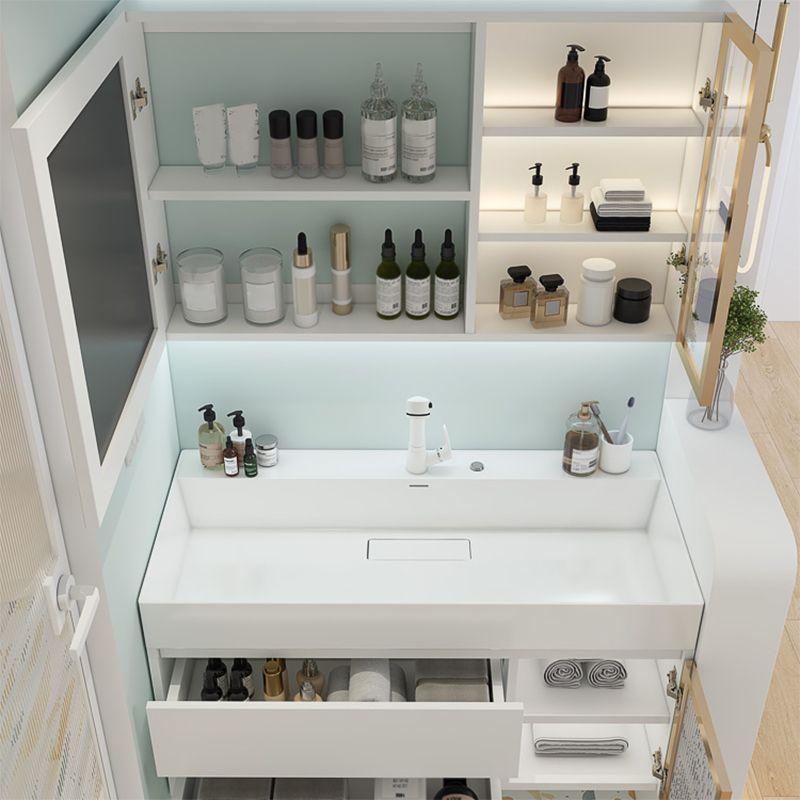 White Bathroom Vanity Mirror Rectangle Single Sink Wall Mount 2 Drawers Vanity with Door