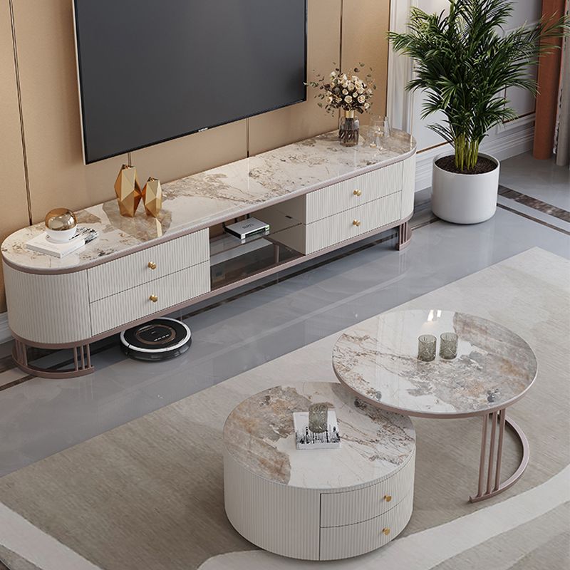 Glam Nesting Coffee Table Set Drum Round Slate Coffee Table with Drawers