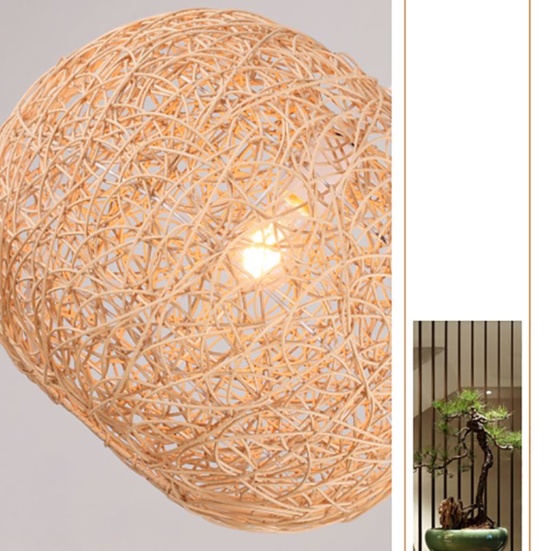Asian Pendant Lighting Fixture 1-Light Beige Hanging Lamp Kit with Rattan Shade