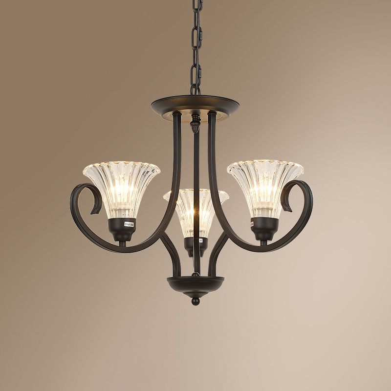 Klares geripptes Glas ausgestattet Kronleuchter Retro -Salondecke -Anhänger Licht mit Wirbelarm in Schwarz