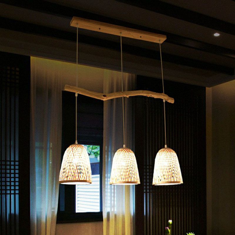 Bell Shade Pendant Light South-east Asia Bamboo 3 Heads Tea Room Hanging Island Light in Wood