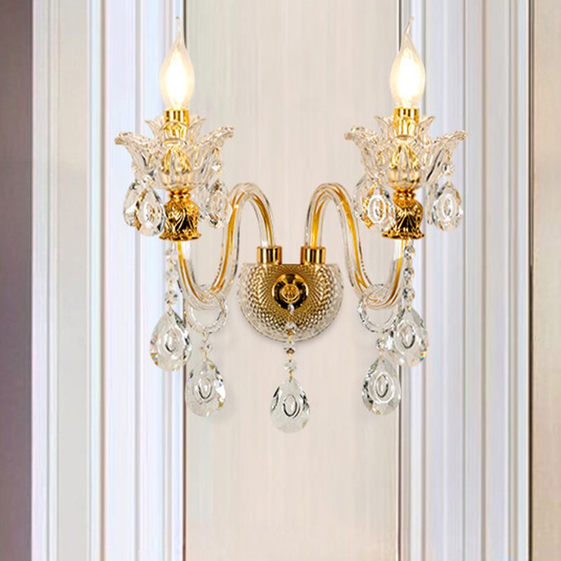 Candelabra Clear Crystal Glass Sconce Mid Century 2-Light Living Room Wall Lamp in Gold