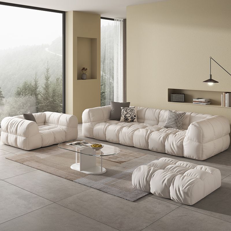 Modern Simple Square Arm Sofa & Chaise in White Biscuit Back Sectional Sofa