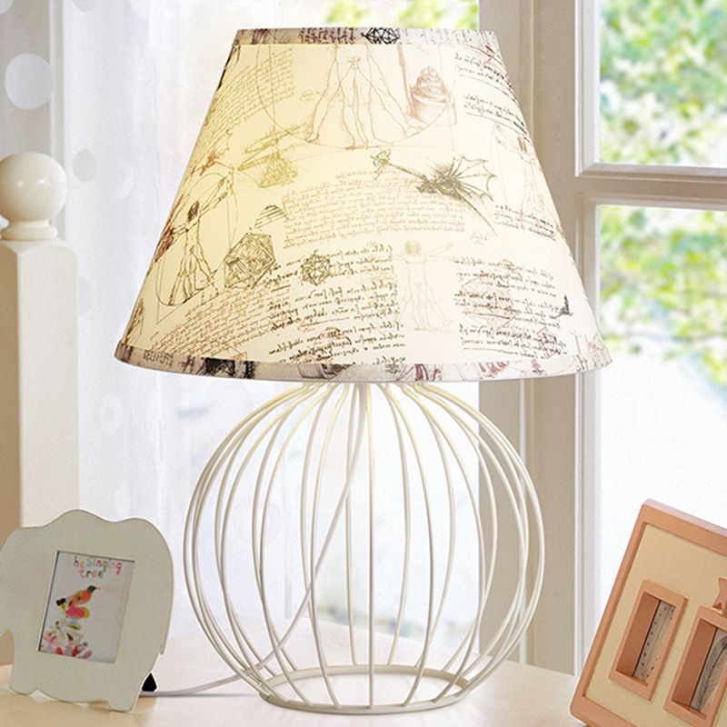 White 1-Light Desk Lamp Traditionalist Fabric Night Table Light with Spherical Wire Cage Base