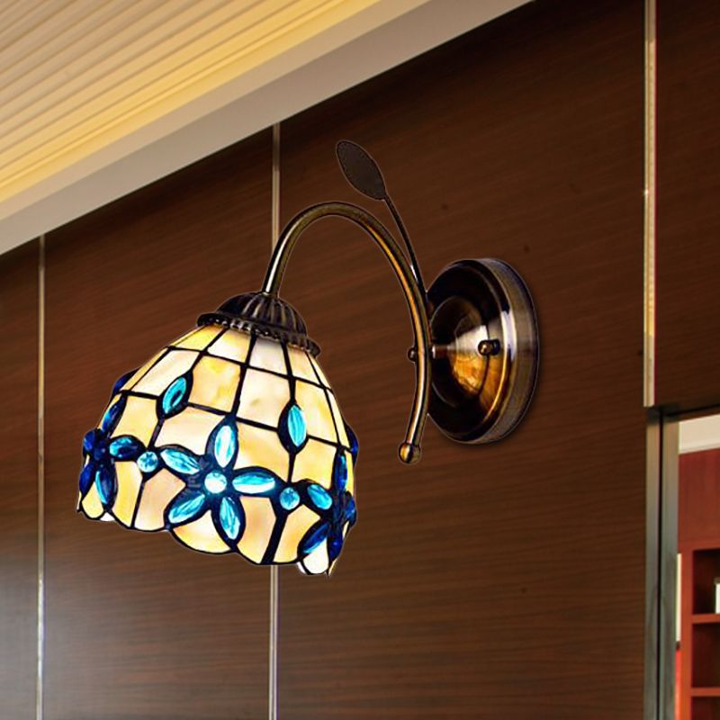 Shell Blossom Wall Light with Leaf Single Bulb Tiffany Wall Sconce for Study Room