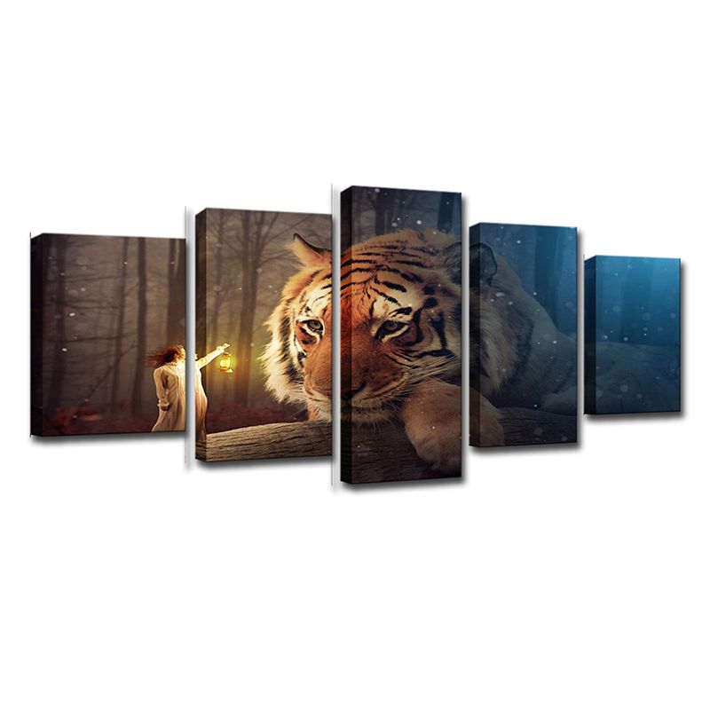 Yellow Kids Canvas Digital Print Giant Tiger and Tiny Girl Wall Art for Living Room