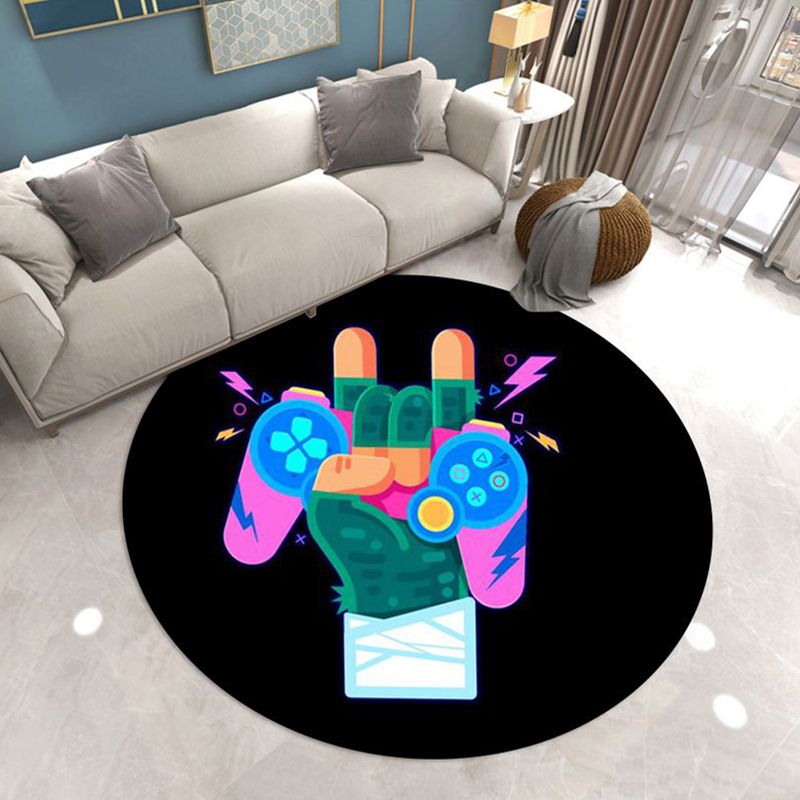 Round Game Controller Print Rug Polyester Casual Carpet Non-Slip Backing Area Rug for Living Room