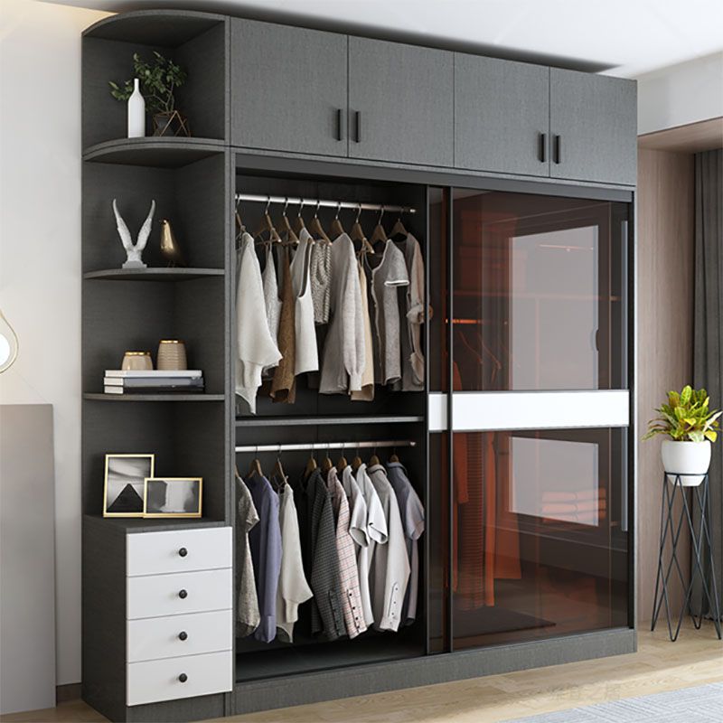 Modern Style Glass Wardrobe Gray Colour Wardrobe Closet with Sliding Door