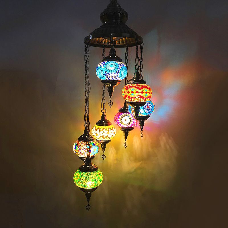 Oval Hand Cut Glass Suspension Lighting Vintage 7 Heads Bedroom Pendant Chandelier in Blue