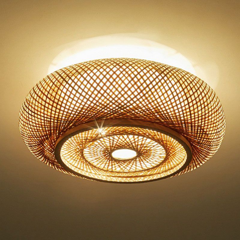 Lámpara de techo empotrada en tambor redondeada, accesorio de iluminación de bambú contemporáneo para dormitorio individual, montaje empotrado en madera