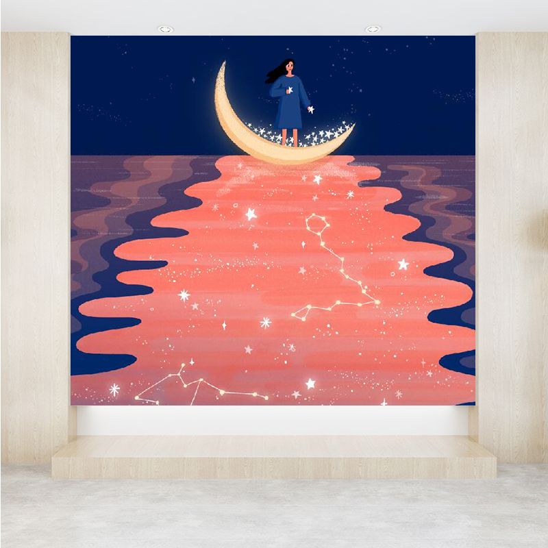 Mysterious Moon and Space Mural Wallpaper Contemporary Non-Woven Cloth Wall Covering