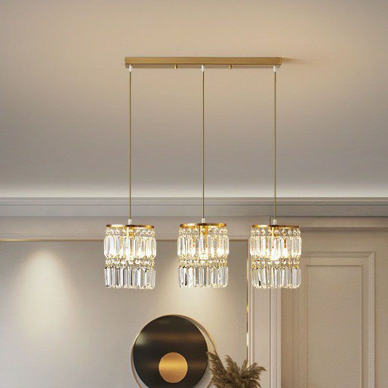Cylinder Crystal Prisms Multi-Light Pendant Postmodern 3-Head Gold Hanging Lamp Kit