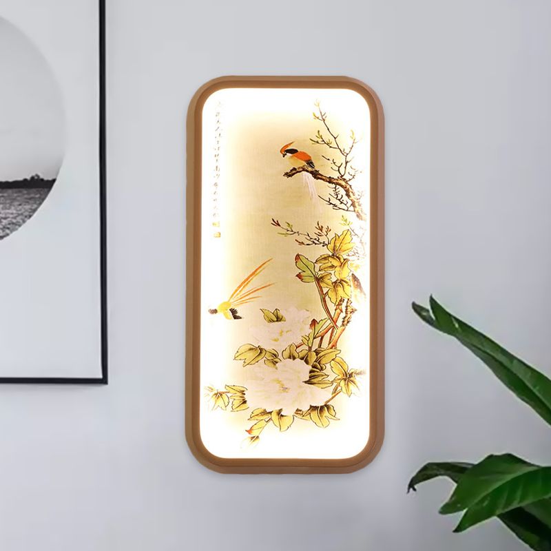 Fabric Rectangle Leaf and Bird Mural Light Chinese Style LED Yellow Wall Mount Light
