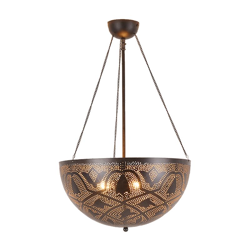 Bowl Restaurant Chandelier Vintage Metal 3-Light Black Hanging Ceiling Lamp with Hollow-Out Spot/Circle/Flower Pattern