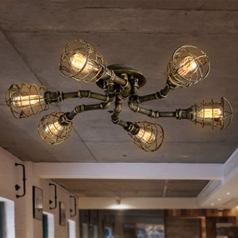 Steampunk Twisted Pipe Semi Flush Light Fixtures Metal Semi Flush Ceiling Lights for Bar