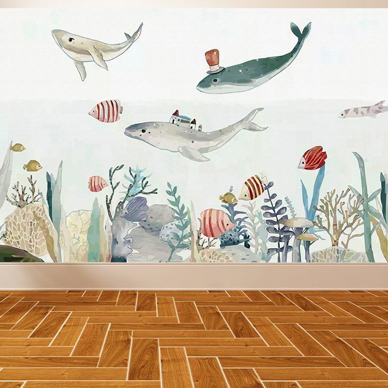 Great Whale and Sea Mural Wallpaper Children's Art Non-Woven Material Wall Covering