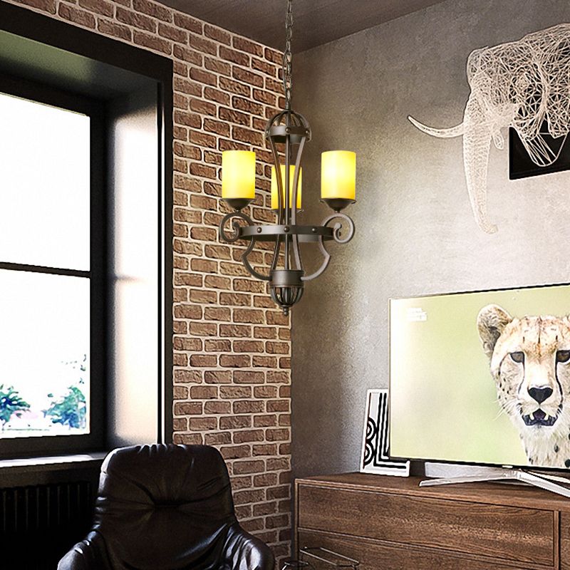 3 Lights Dining Room Chandelier Light Rustic Black Hanging Fixture with Cylinder Yellow Glass Shade