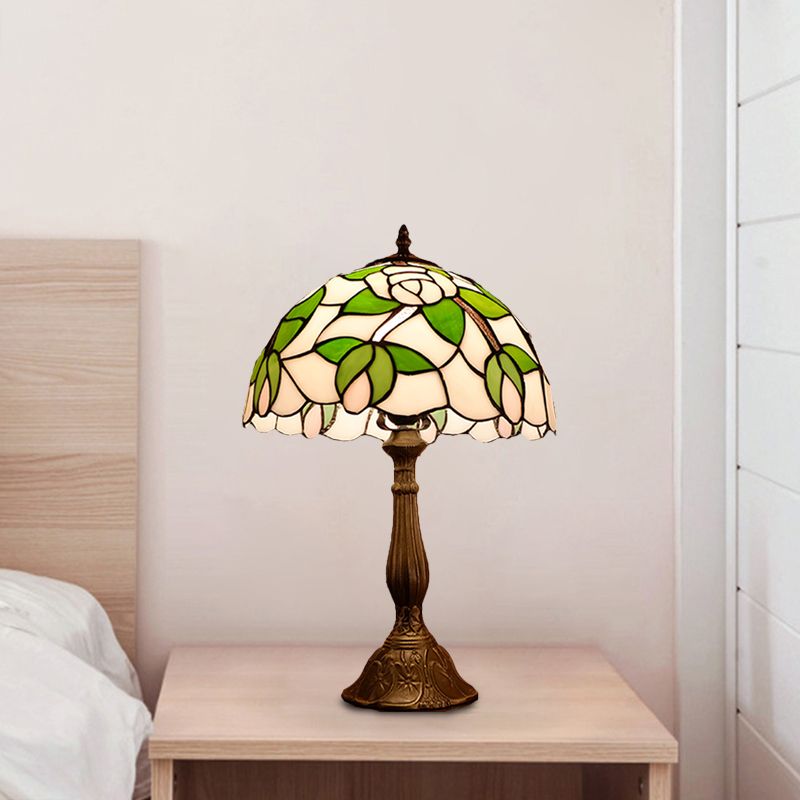 Bowl Shape Light Light Tiffany Style 1 Light Bronze Finish Table Lighting with Rose Match