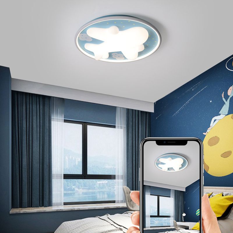 1 - Light LED Flush Mount Light Round Kids Style Flush in Blue and White