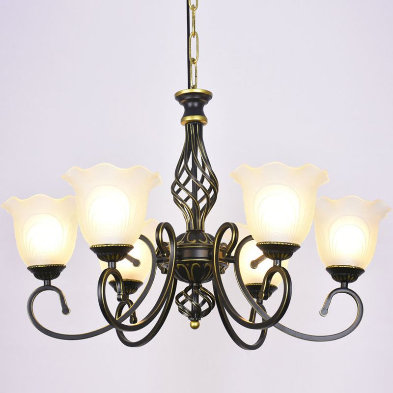 Ruffle Glass Floral Shade Chandelier Lighting Classic Living Room Pendant Light with Scroll Arm
