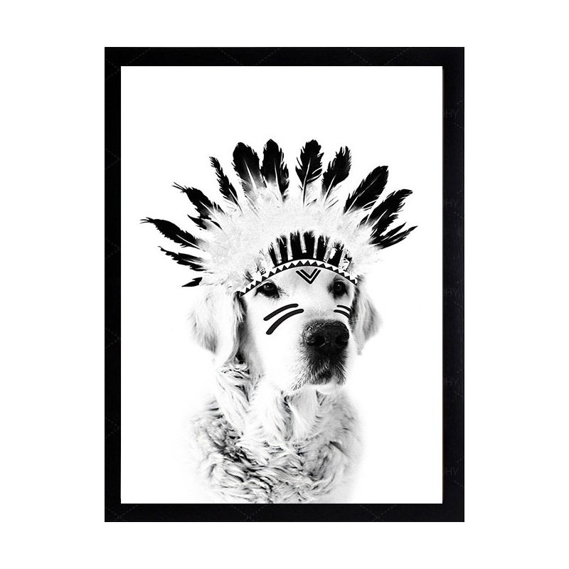 Indian Dog Pet Canvas Farmhouse Textured Wall Art in Black and White for Kids Room