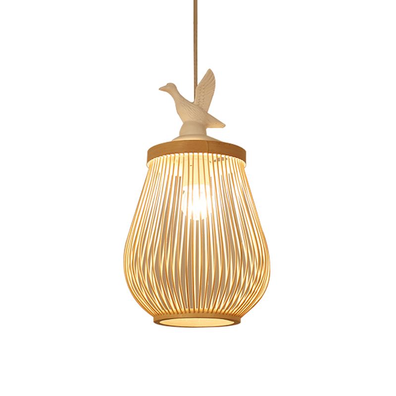Wood Cage Hanging Lamp Modern 1 Head Bamboo Ceiling Pendant Light with White Bird