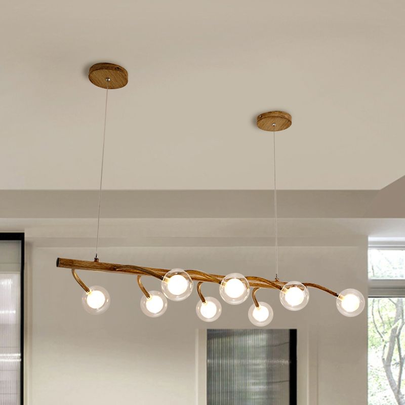 Branching Dining Hall Drop Pendant Industrial Wooden 6/8-Head Brown Island Chandelier with Modo Clear Glass Shade