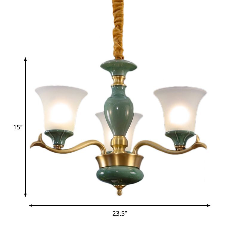 3/6 Bulbs Frosted Glass Suspension Lighting Countryside Green Bell Shaped Guest Room Chandelier