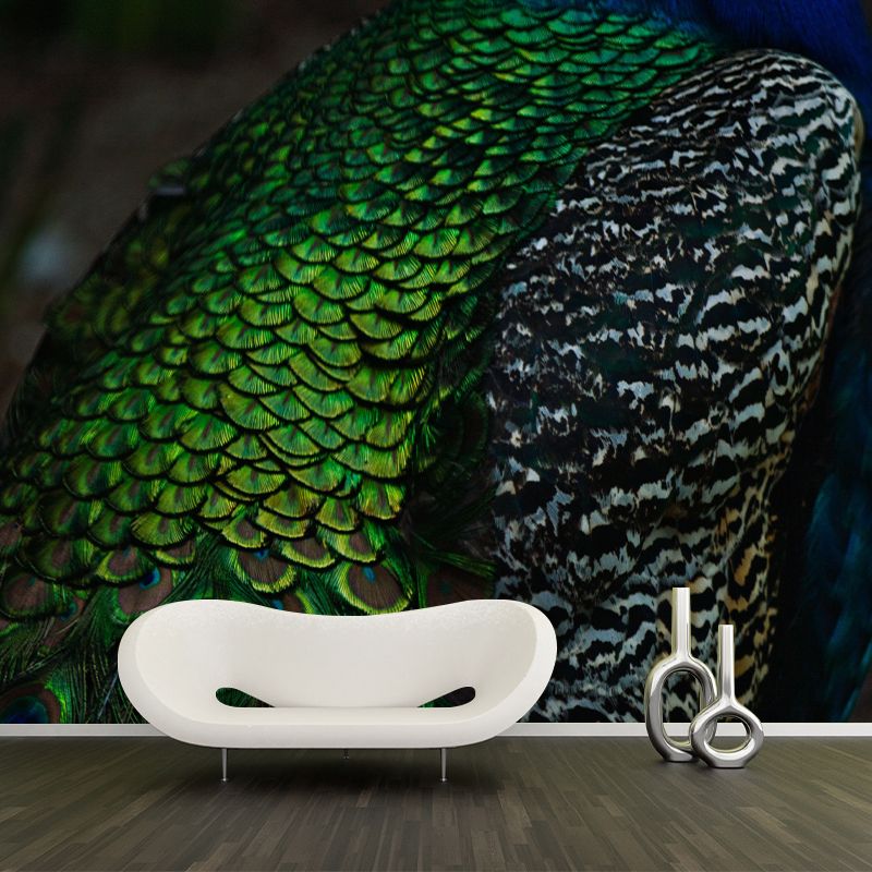Tropical Style Mural Wallpaper Peacock Feather Wall Covering for Sitting Room