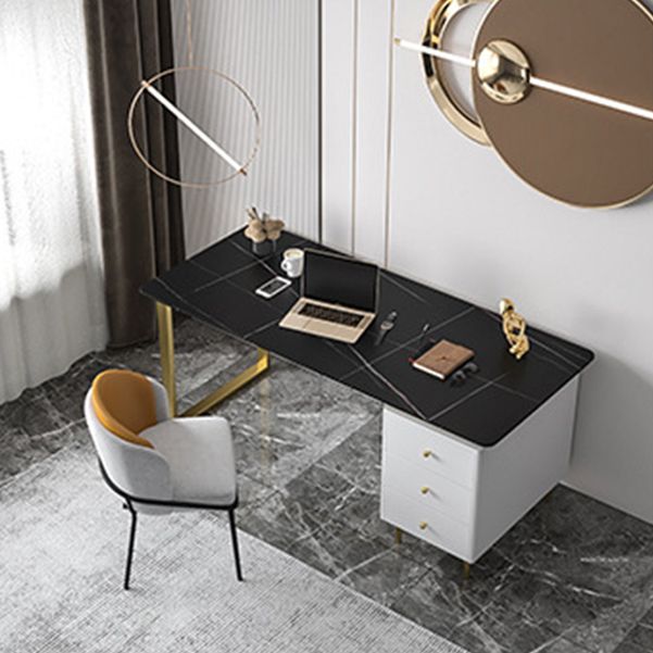 Metal Base Writing Desk Glam Style Office Desk with 3-drawer