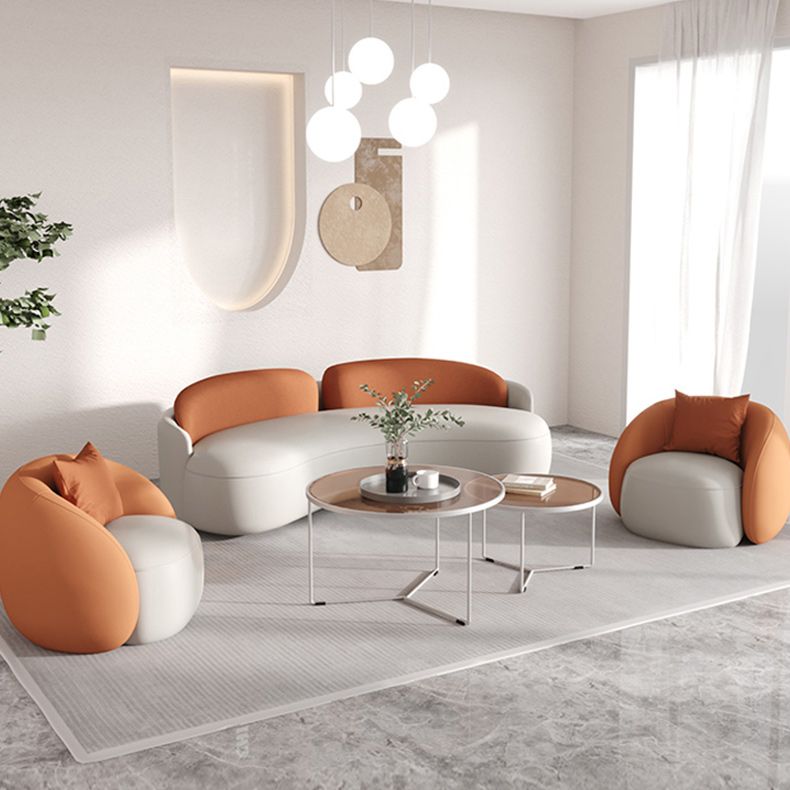 Contemporary Faux Leather Sofa Curved Cushions Back Sofa in White and Orange