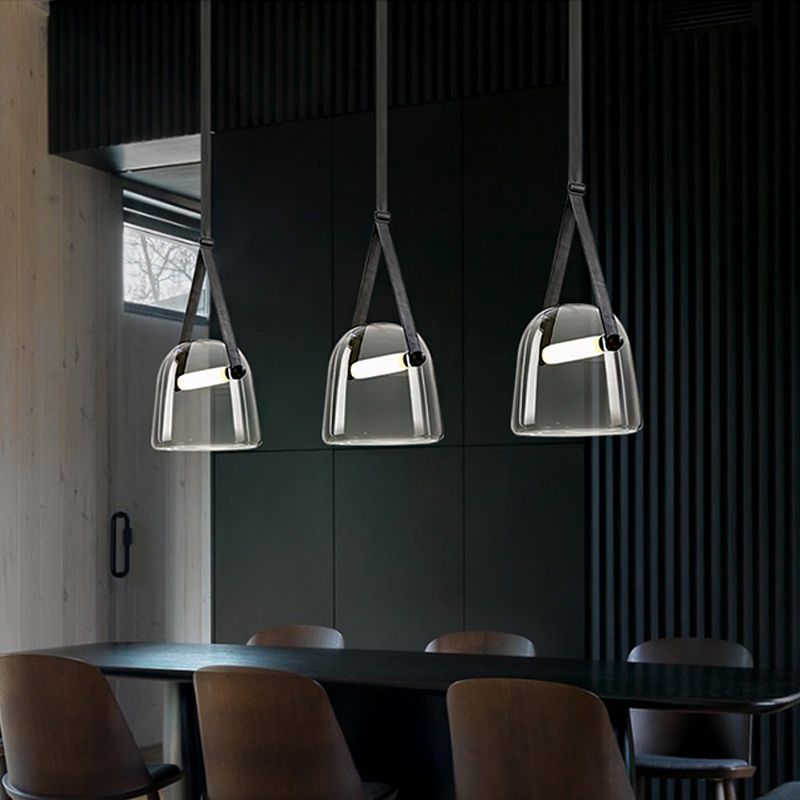 Cream/Smoke Grey Glass Cloche Pendant Postmodern 1 Bulb Black/Beige Hanging Ceiling Light with Buckle Strap