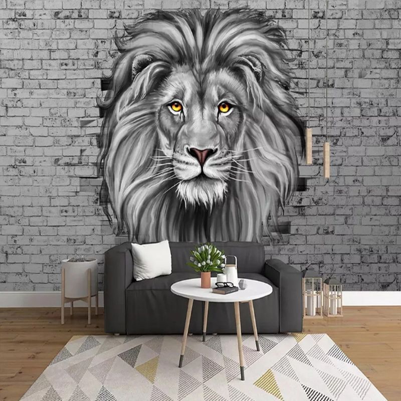 Giant Illustration Lion Mural for Theme Park Decoration in Grey, Personalized Size Available
