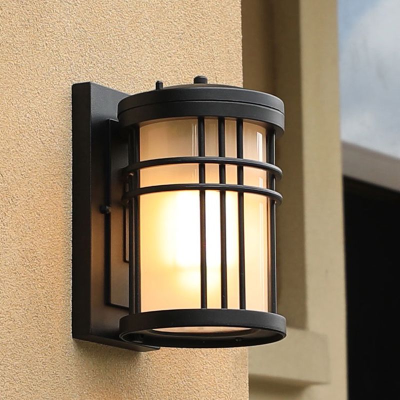 Minimalist Cylindrical Wall Sconce Opal Frosted Glass 1-Bulb Courtyard Wall Lamp in Black