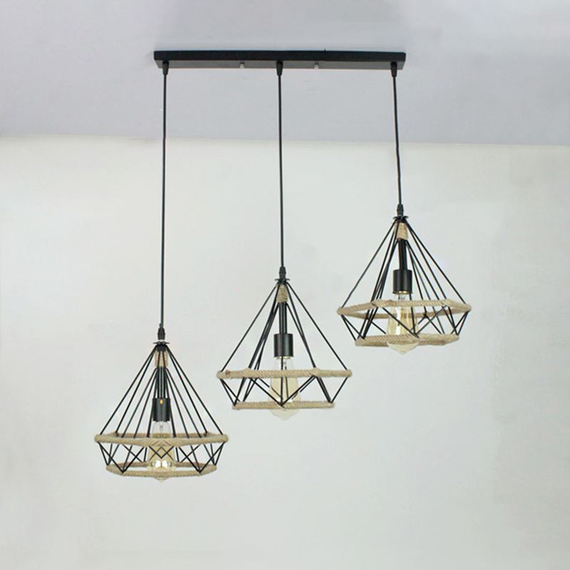 Luz de la isla de cuerda de cáñamo vintage con sombra de hierro de 3 luces restaurantes lámpara de suspensión