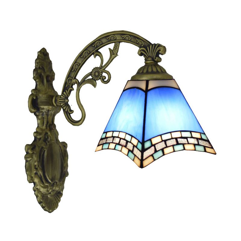 Blue Cut Glass Pyramid Wall Light Mediterranean Brass Wall Mounted Lamp with Curved Arm