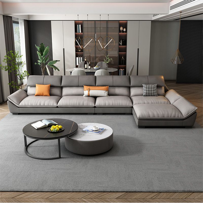 4-seat Faux Leather Retro Sofa & Chaise Grey Pillow Top Arm Sofa