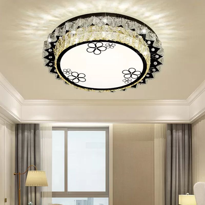 Stainless Steel Round Flush Mount Fixture Modern Clear Crystal LED Close to Ceiling Light