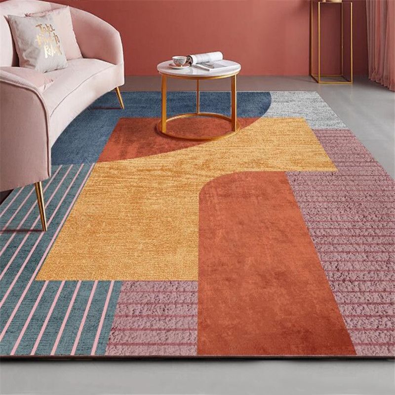 Modern Geometric Pattern Rug with Striped Red Multicolor Polyester Rug Washable Pet Friendly Non-Slip Area Rug for Living Room