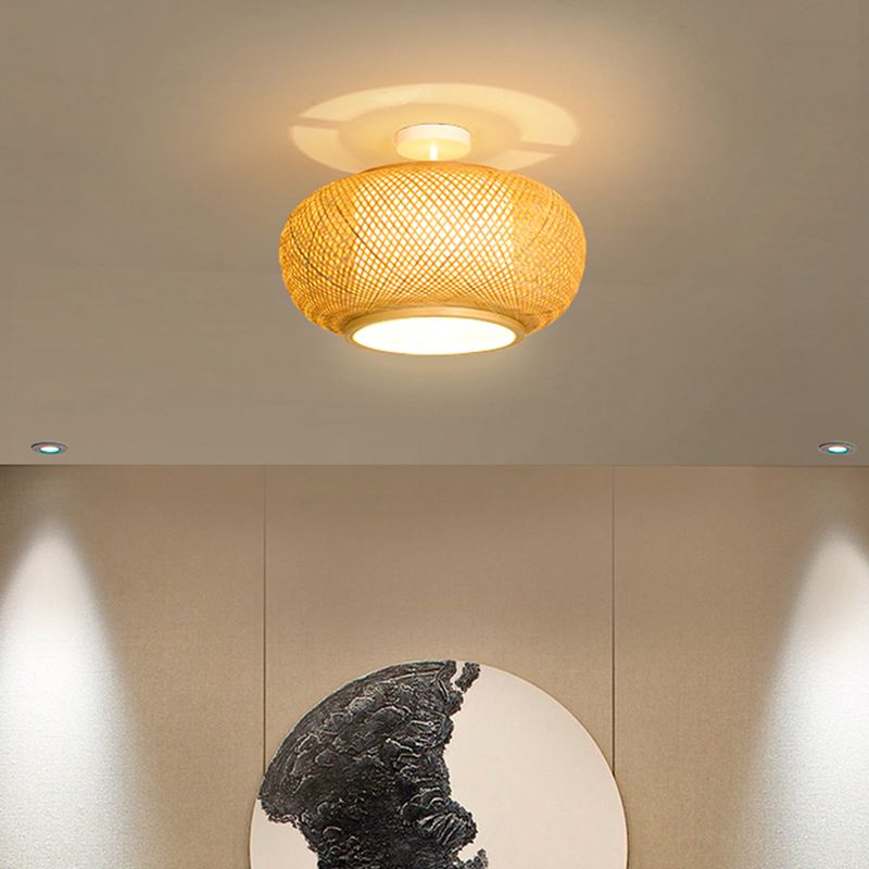 Lampada a soffitto a forma rotonda in stile asiatico rattan 1 guscio leggero per studio