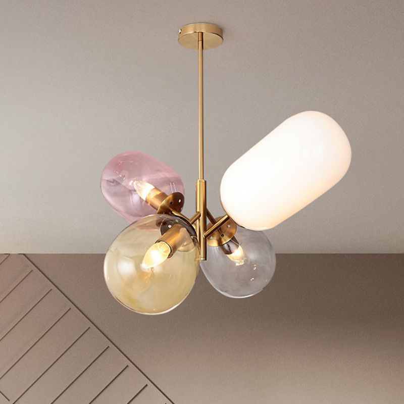 Lampada a soffitto in ottone palloncono in ottone palloncino postmoderno a 4 luci con tonalità in vetro multicolore