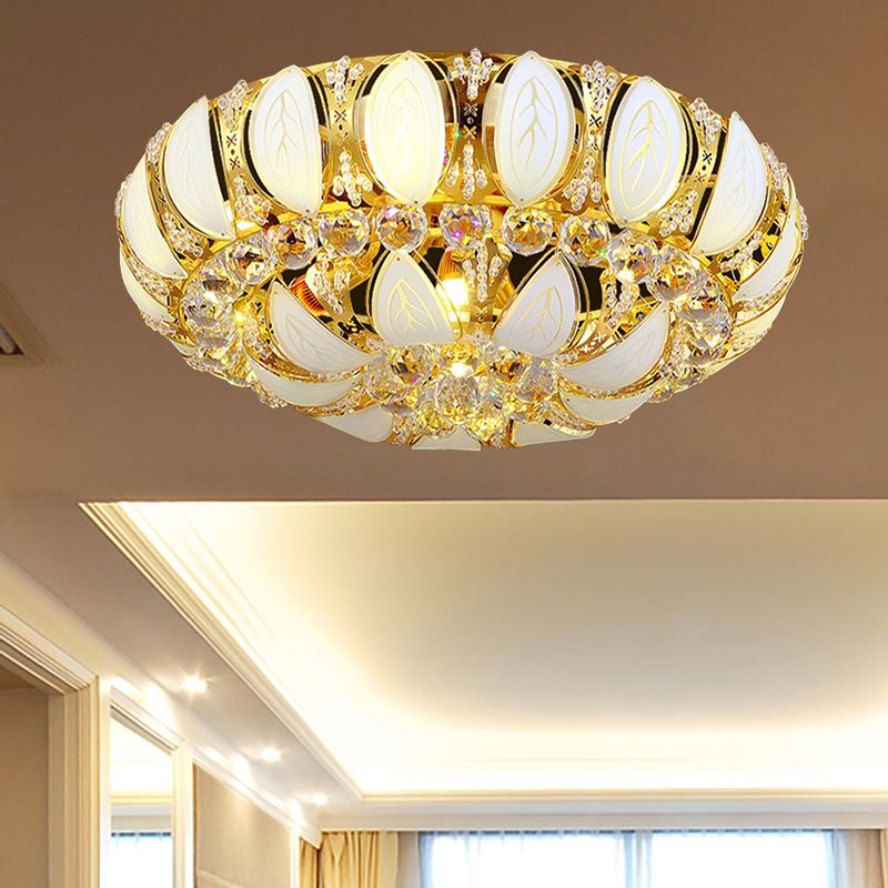 23.5 "/31.5" W Round Flush Ceiling Light Contemporary Crystal und Glas Deckenleuchte mit Blattmuster in Gold