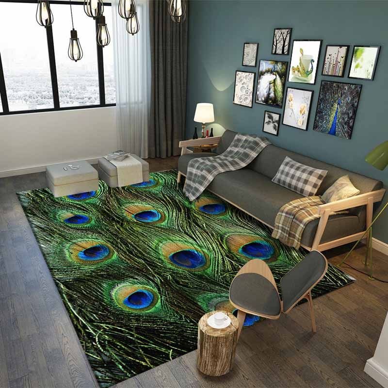 Green Modern Area Carpet Feather Pattern Polyester Area Rug Stain Resistant Rug for Home Decor