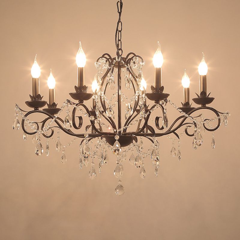 Contemporary Metal Curved Arm Hanging Chandelier Light Black Candle Bedroom Suspension Light with Crystal